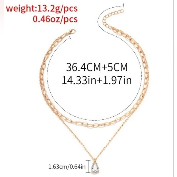 Gold Tone Layered Necklace with Crystal Teardrop Pendant - Picture 6 of 10